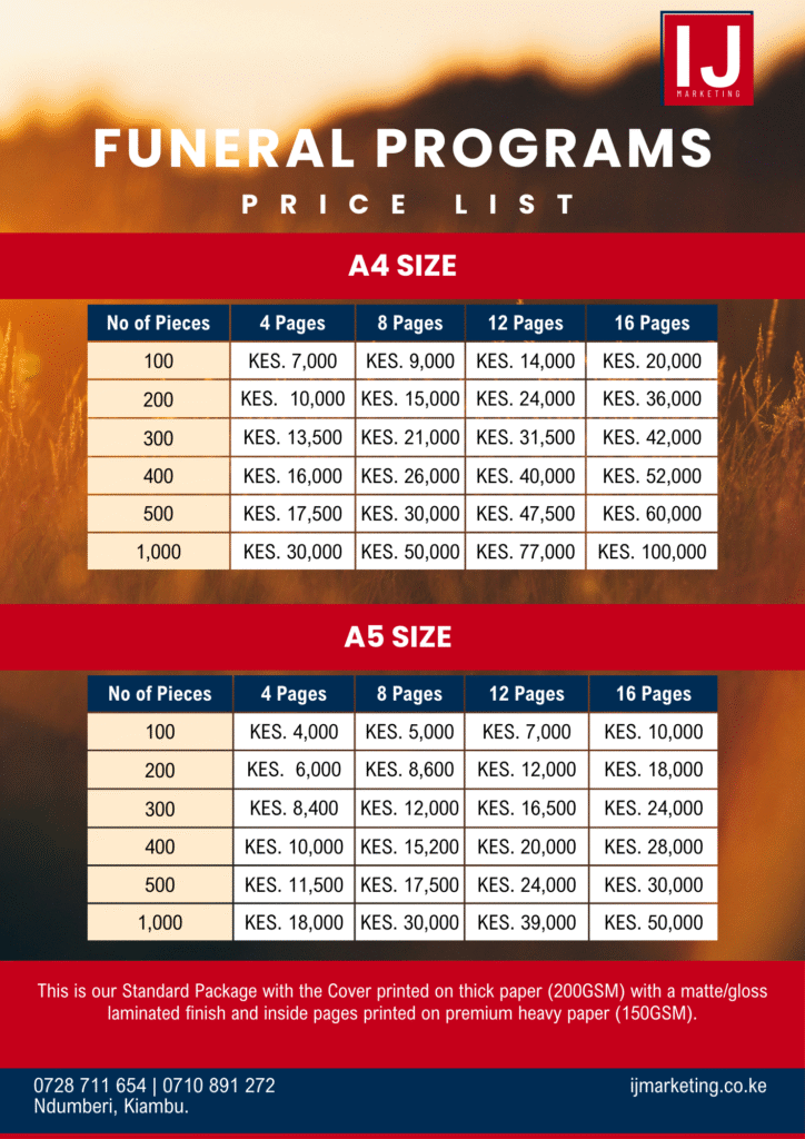 Funeral Programs printing Price List for IJ Marketing in Kiambu.