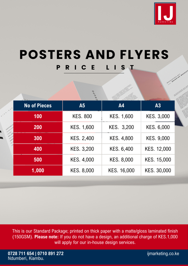 Posters and Flyers bulk printing price list for IJ Marketing in Kiambu.